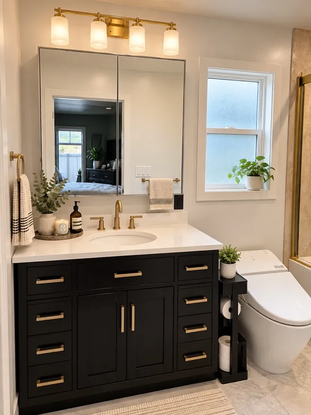 A dark vanity with a white countertop, brass hardware, and coordinated lighting.