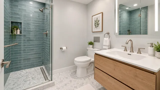 A blue tile shower pairs with a floating wood vanity and brushed-metal fixtures.