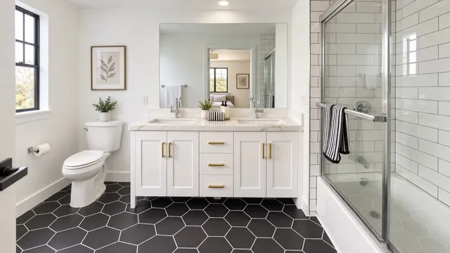 A double vanity, white subway tile, and contrasting black hexagonal flooring.