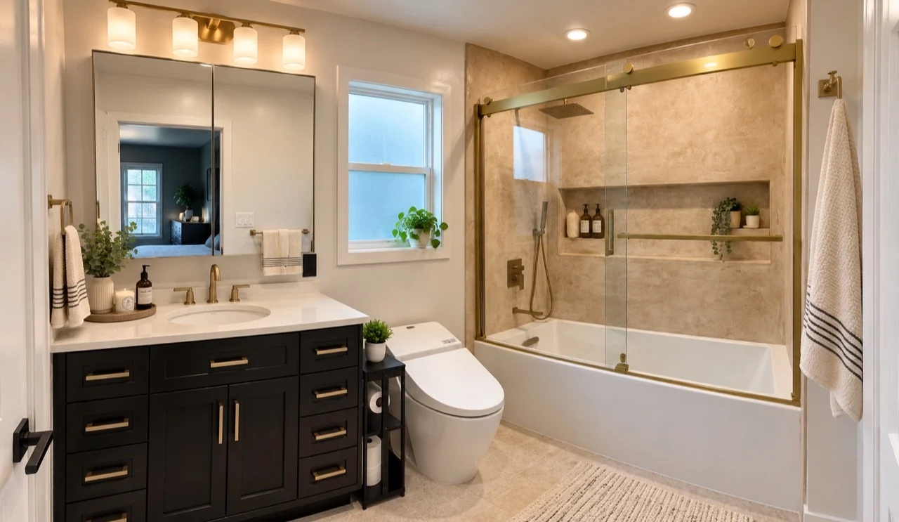 HRamos bathroom with stone-look tile and brass shower fixtures