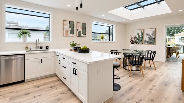 A bright kitchen and dining space with a skylight and pale plank flooring.