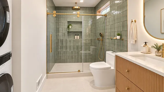 A glass shower enclosure, green tile, and a fluted wood vanity.