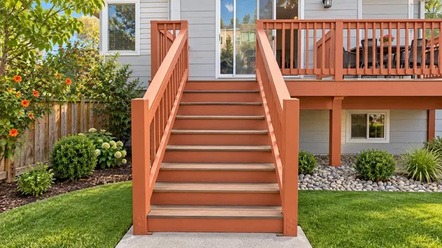 Terracotta-colored stairs and railings connect the home to the garden.